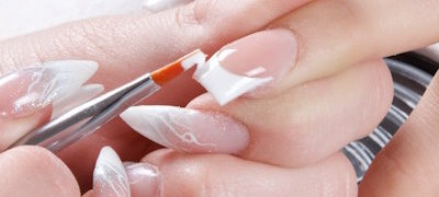 Manicure.,Master,Make,Nail,Extension:,Drawing,Of,White,Gel,On