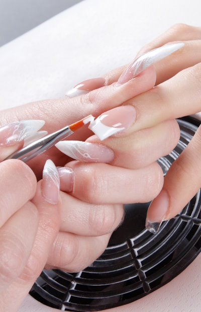 Manicure.,Master,Make,Nail,Extension:,Drawing,Of,White,Gel,On